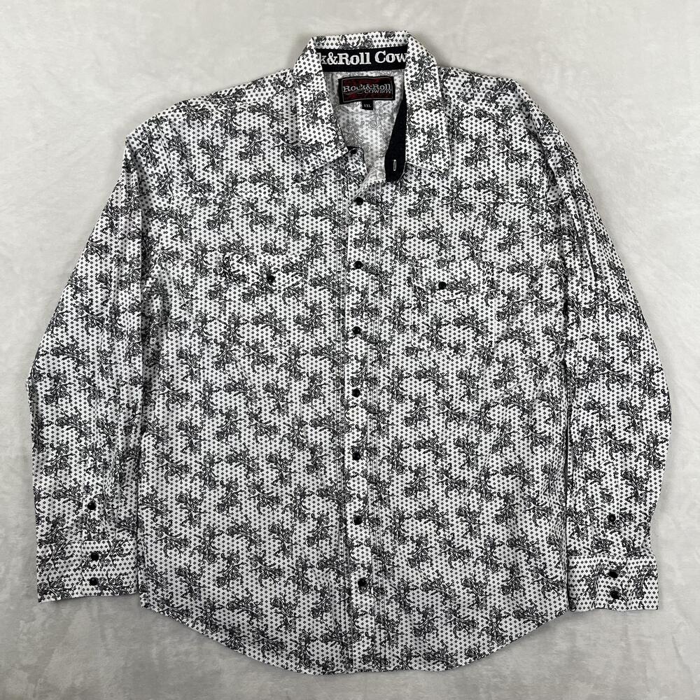 Rock & Roll Cowboy Shirt Mens 2XL White Floral Long Sleeve Western Snap Front
